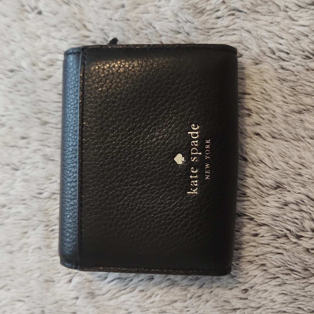 kate spade Black Pebbled Leather Trifold Wallet with Gold Logo